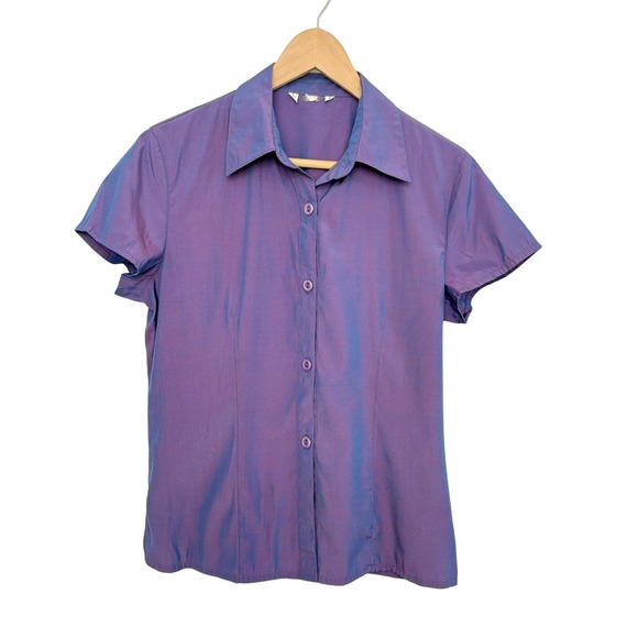 Tops - Y2k Iridescent Millennium 2000s Purple Short Sleeve Collared Button Up Shirt Top